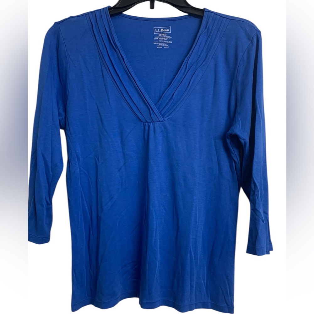 L.L. Bean M‎ Reg Cotton Classic Outdoor Casual V Neck Top Blue